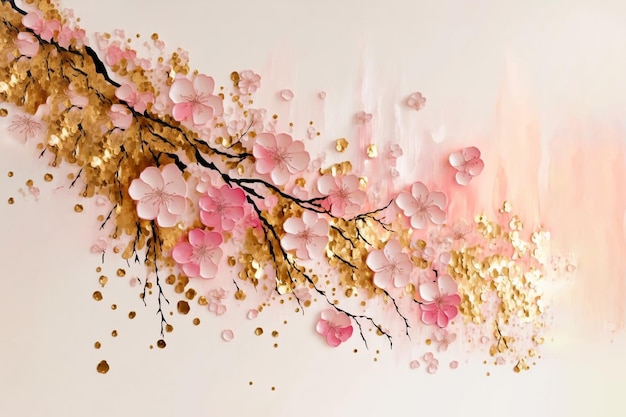 Minimalist sakura cherry blossom pink and gold greeting card template illustration