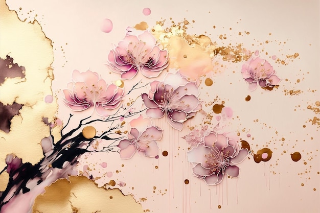 Минималистская иллюстрация шаблона поздравительной открытки с розовой и золотой вишней сакуры