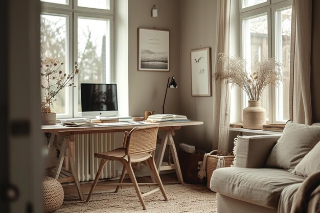 Photo minimalist scandinavian interior home office room plants in vase home workstation chair and desk co