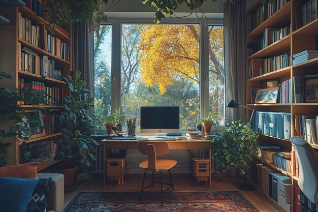 Minimalist Scandinavian Interior Home Office Room Plants in Vase Home Workstation Chair and Desk