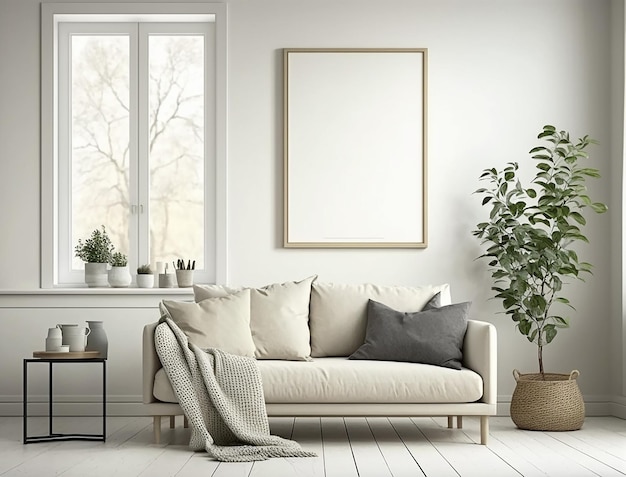 Minimalist Scandinavian Living Room Interior Design with Small Blank Poster Mockup