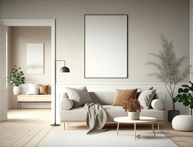 Foto interior design scandinavo minimalista per soggiorno con mockup di poster in bianco