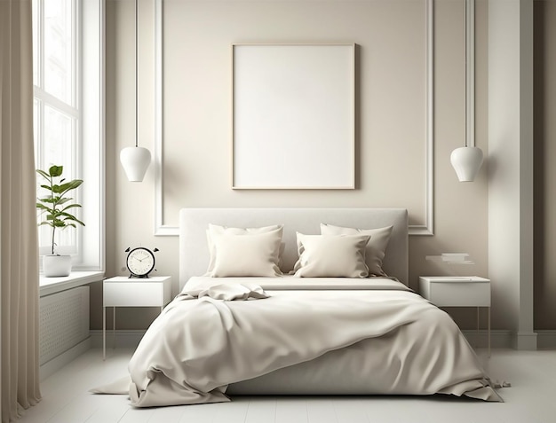 Minimalist Scandinavian Living Room Interior Design with Small Blank Poster Mockup