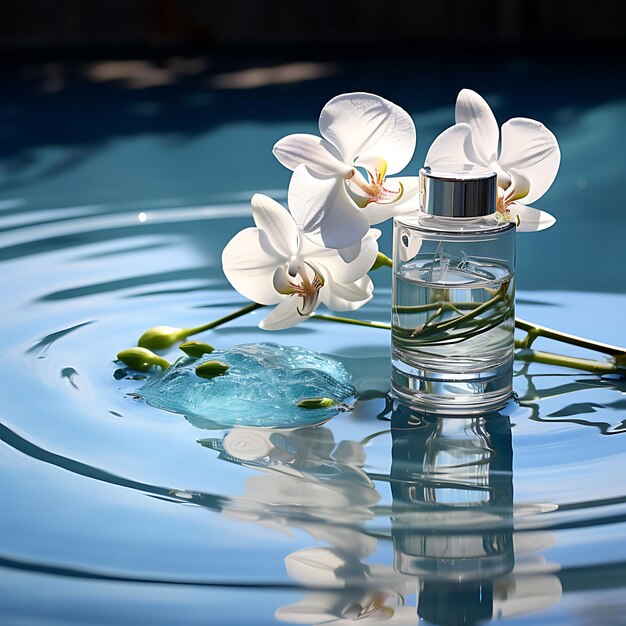 Minimalist scene of a cosmetic bottle on a serene water surface with beautiful natural layout ideas