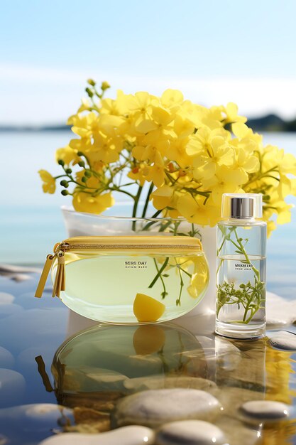 Photo minimalist scene of a cosmetic bottle on a serene water surface with beautiful natural layout mockup