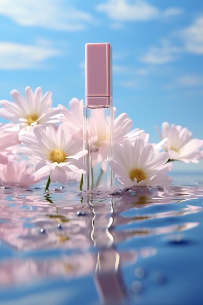 Minimalist scene of a cosmetic bottle on a serene water surface with beautiful natural layout mockup