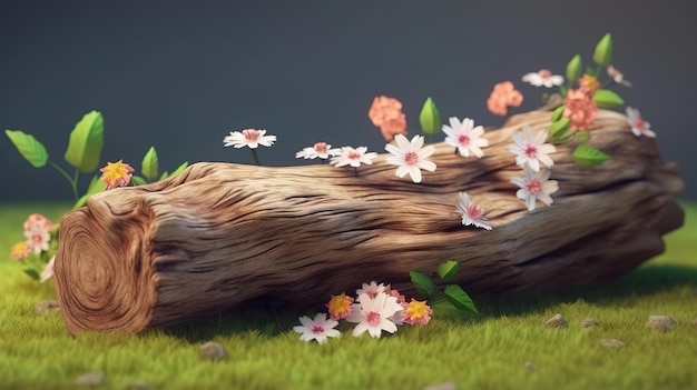 Minimalist scene of a felled tree lies with flowers Generative Ai