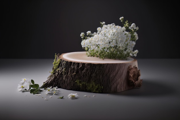 Minimalist scene of a felled tree lies with flowers Illustration AI Generative