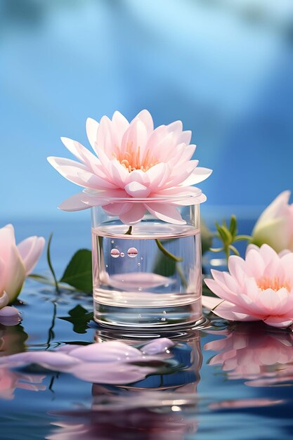 Фото Минималистская сцена с косметической бутылкой на спокойной поверхности воды с красивым естественным макетом макета