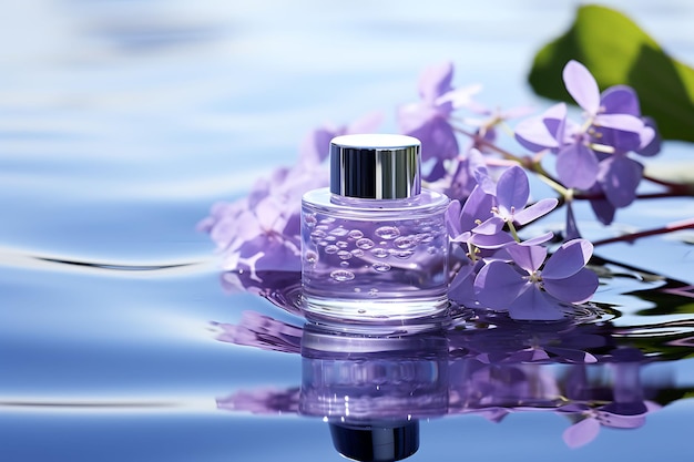Фото Минималистская сцена с косметической бутылкой на спокойной поверхности воды с красивым естественным макетом макета