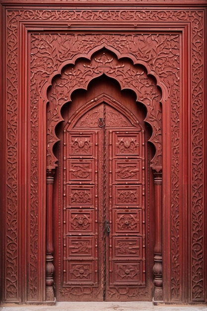 a minimalist scene of a single intricately carved wooden door panel from a traditional Pakistani ha