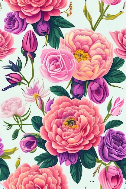 Фото Минималистская бесшовная модель миниатюрная цветочная иллюстрация роз и тюльпанов