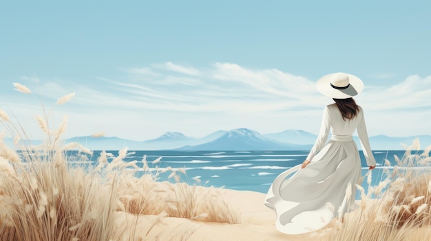 Minimalist seaside background with girl in fashion white wear