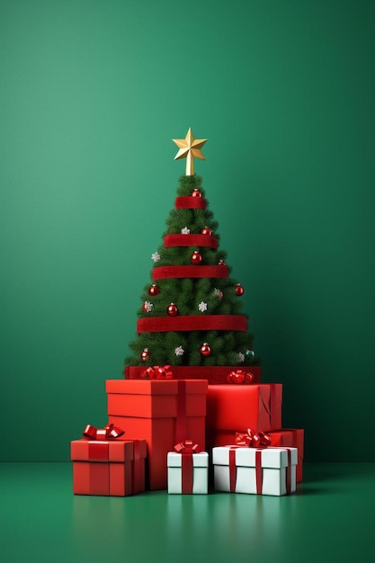 A minimalist setting featuring a christmas tree and presents against a red backdrop