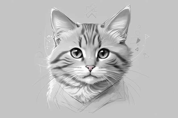 灰色のイラストに描かれた可愛い猫のミニマリストな形状のアート シャツのデザイン