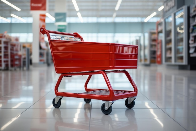 Minimalist shopping experience Empty red cart in a supermarket aisle white background