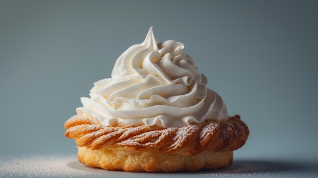 Minimalist shot highlighting the allure of a pastry topped with velvety whipped cream