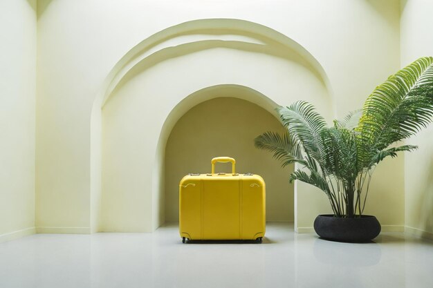 Minimalist shot of suitcase in front of the large white wall