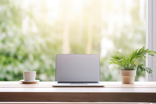 Minimalist simple office workspace with a laptop and a potted plant in soft natural light Generative AI illustration