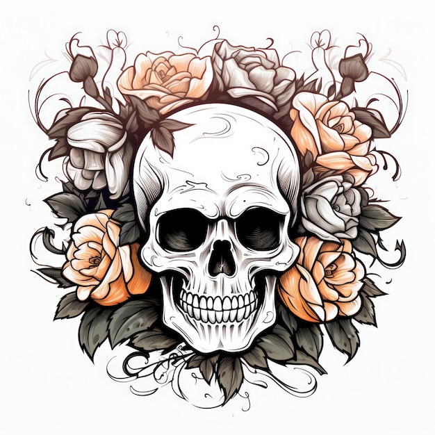 Minimalist Skull with Roses Coloring Page AI Generated