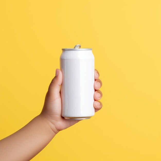 Photo minimalist soda can grasped by female hand on yellow background