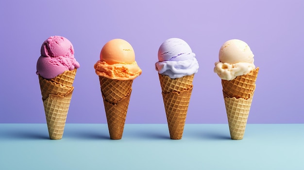 Minimalist solid color background with four ice creams