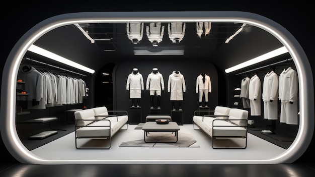 Minimalist space station boutique with garments floating in zero gravity stark lighting against the void of space