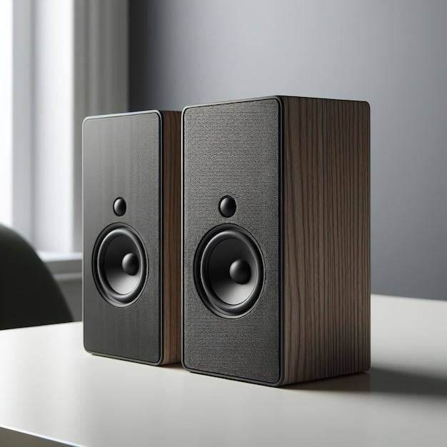 minimalist speakers isolated on desk