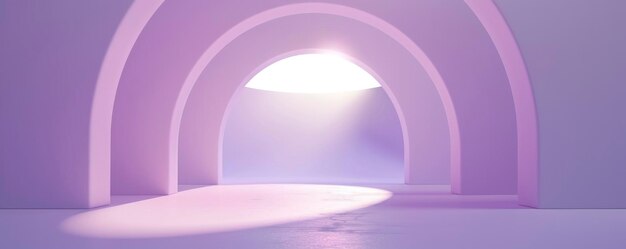 Minimalist Stage Design 3D Render of Pastel Purple Background with Light Arch in the Middle Sun Rays Shining Through an Opening on Top