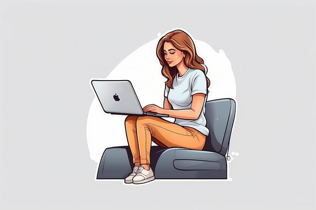 minimalist sticker logo woman or male sitting in a laptop simple cute style cartoon white background