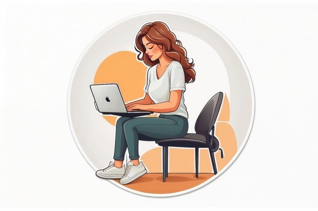 minimalist sticker logo woman sitting in a laptop simple cute style cartoon white background