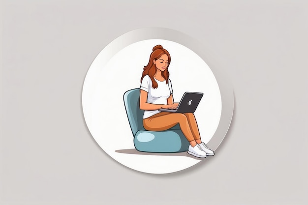 minimalist sticker logo woman sitting in a laptop simple cute style cartoon white background