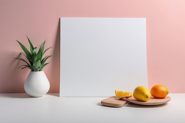 Photo minimalist still life white paper on textured table with gradient wall generative ai