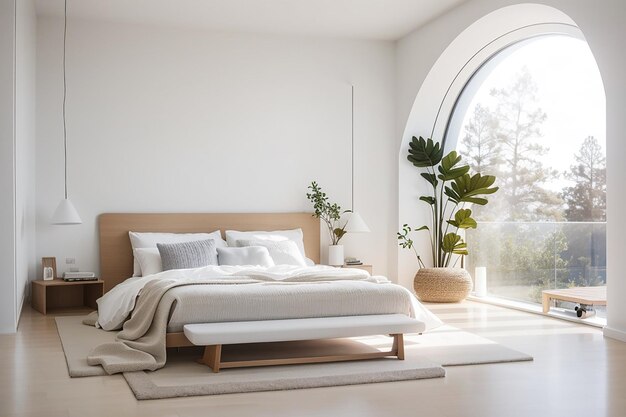 Minimalist style bedroom with white walls