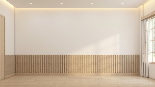 Minimalist style empty room decorated with white wall and wooden slats wall 3d rendering