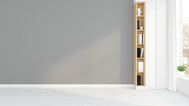 Minimalist style empty room with wooden bookshelf and gray wall 3D rendering