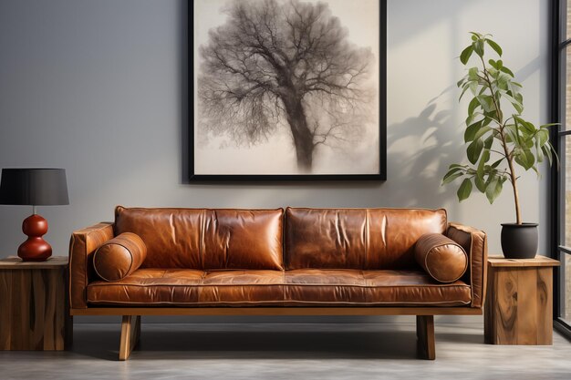Foto home interior design in stile minimalista di salotto moderno divano in pelle shabby generato da ai