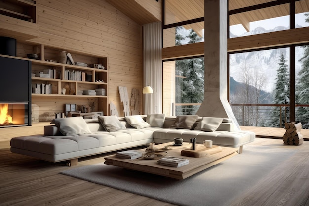 Minimalist style wooden chalet Interior design of modern