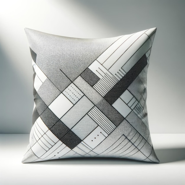 A minimalist styled sleeping pillow with a geometric patterned cover