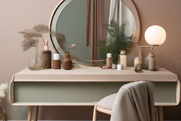 Minimalist Stylish modern round mirror on dressing table with cosmetic products and flowersdressers