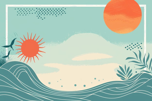 Minimalist Summer Theme with Geometric Sun and Waves Border