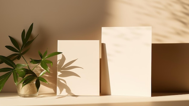 사진 빈 카드와 함께 비즈니스 브랜드를 위한 미니멀리즘 템플릿 베이지 바탕에 꽃 그림자와 빛 모형 이미지