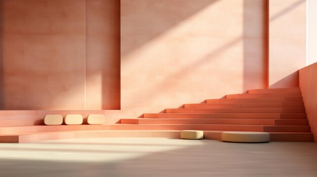Minimalist terracotta steps in a bright spacious interior