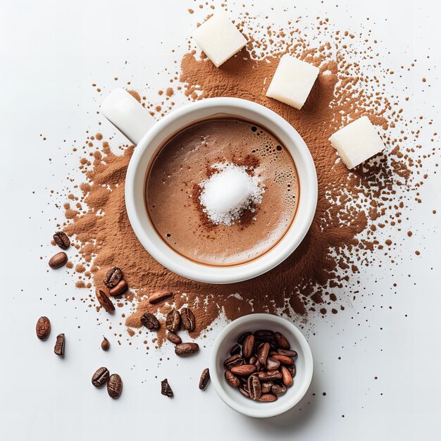 Minimalist top view of cocoa with sugar isolated