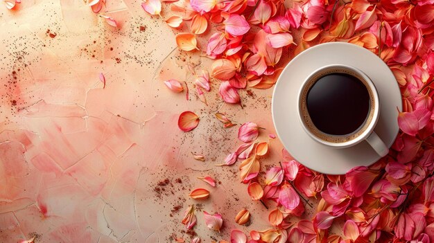 Foto minimalista vista dall'alto di una tazza di caffè con delicati petali attorno a toni beige armoniosi e rilassanti ai generative