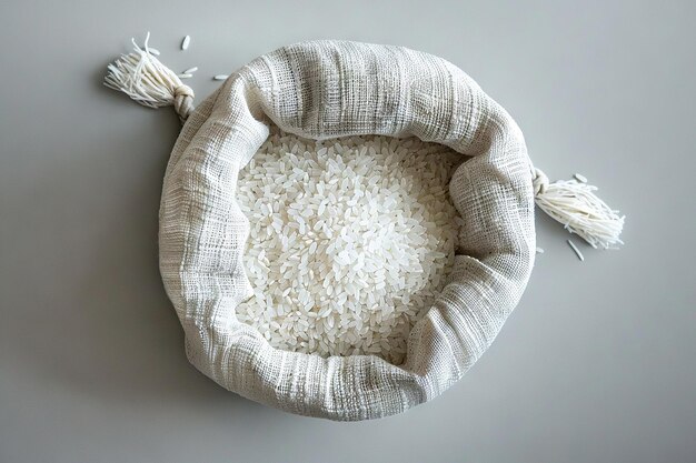 Minimalist TopView White Rice Grains in White Linen Sack