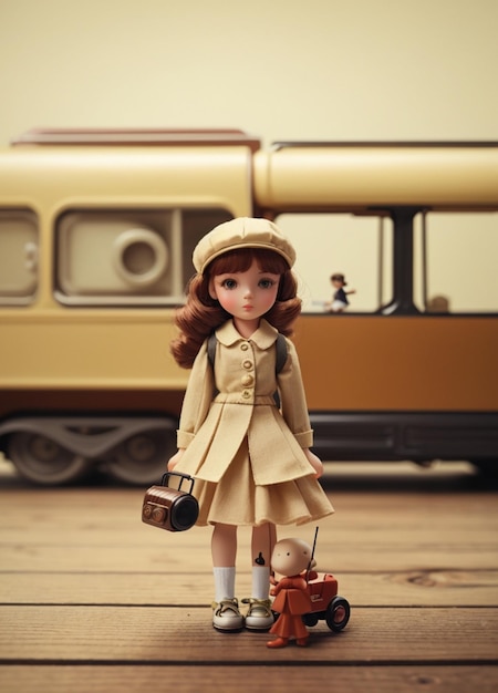 A minimalist toy girl in a vintagestyle photography scene with a nostalgic romantic atmosphere