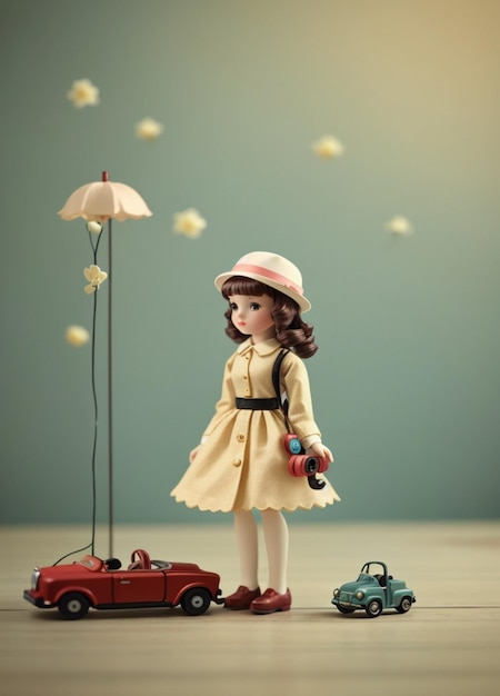 Минималистская игрушечная девочка в винтажном стиле фотографии с ностальгической романтической атмосферой.