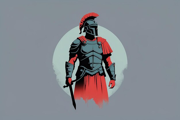 A minimalist tshirt design with a vintage twist featuring a sleek and stylized roman centurion officer silhouette against a faded