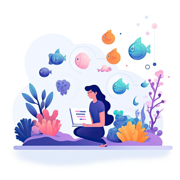 Photo minimalist ui illustration of a marine biologist studying ocean life in a flat illustration style on a white background